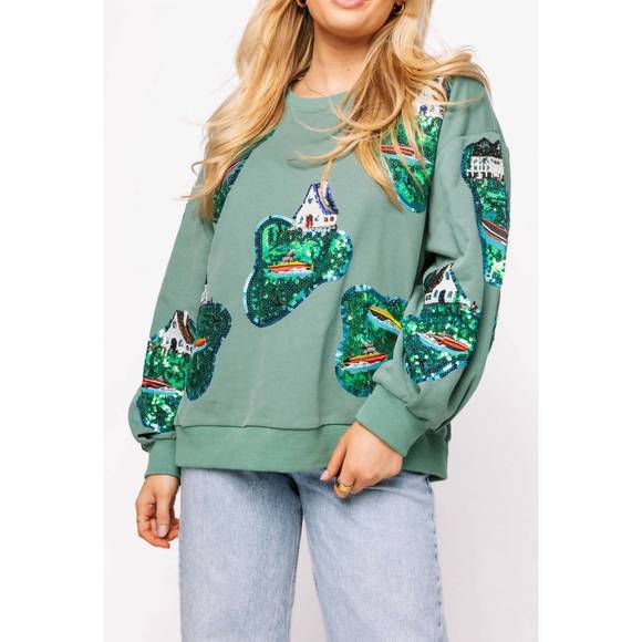 NEW QUEEN OF SPARKLES moss lake house sweatshirt in green - Picture 1 of 2